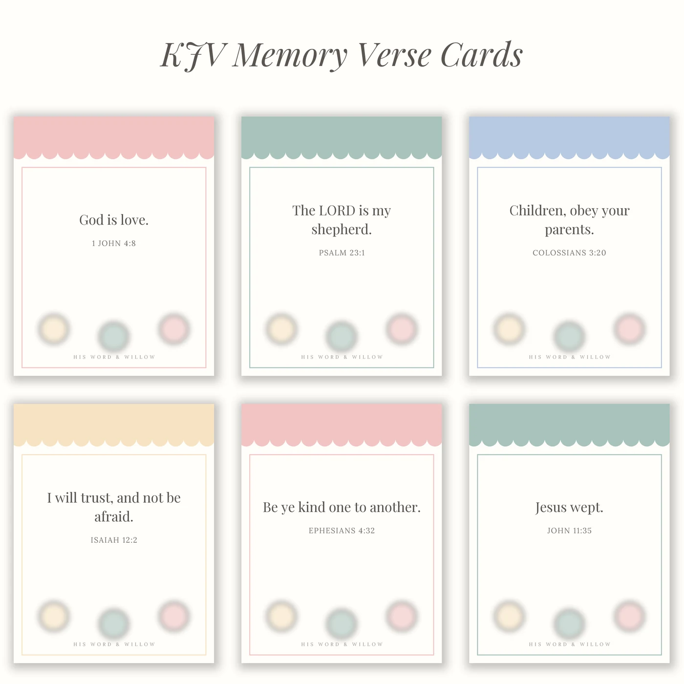 Six pastel scripture memory verse cards designed for children